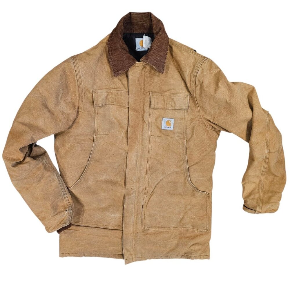 VTG CARHARTT Chore Coat Hooded Tan Canvas CQ196 Sz 42 Tall Large‎ Broke Zipper - Picture 2 of 16
